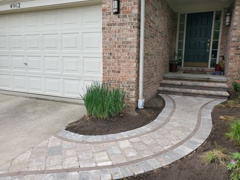 Widening a front walkway at the driveway and porch creates a welcoming feeling drawing your guests up to the front door. Front Porch With Pavers, Walkways To Front Door Diy, Walk Ways To Front Door, Front Door Walkway Ideas, Feeling Drawing, Front Door Landscaping, Sidewalk Landscaping, Front Yard Walkway, Yard Walkway