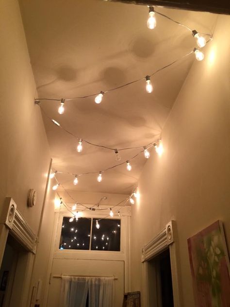 String Lights Down Hallway, Edison String Lights Indoor, Light Bulb Lights Bedroom, String Lights Across Ceiling, Hanging Light Bulbs Bedroom, No Big Light Rooms, How To Hang Lights In Bedroom, Bulb Lights In Bedroom, String Lights On Ceiling