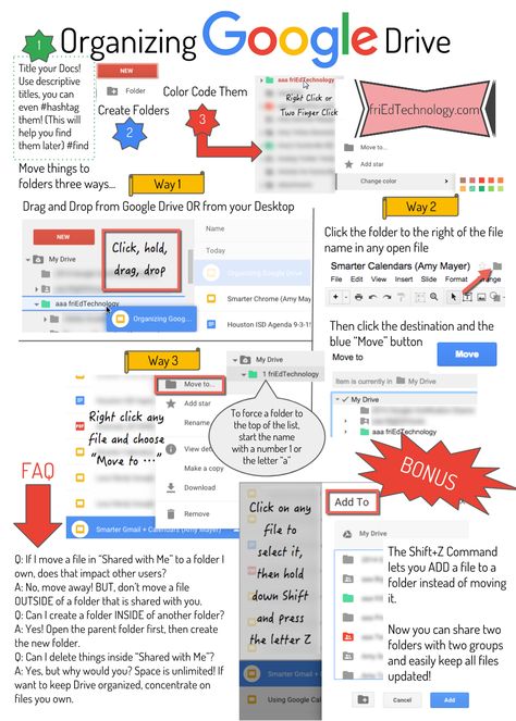 Figuring out how to keep Google Drive organized seems to baffle many users. Here's a handy infographic to remind you of some tips and techni... Google Drive Organization, Google Tools, Teacher Tech, Teaching Technology, Digital Organization, School Technology, Tech School, Classroom Technology, Digital Classroom