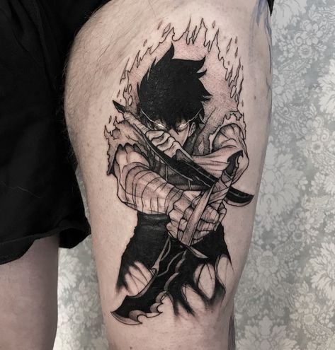 Solo Leveling Tattoo Design, Amine Tattoo, Amine Tattoos, Solo Leveling Tattoo Ideas, Fire Force Tattoo, Solo Leveling Tattoo, Chainsaw Man Tattoo, Kakashi Tattoo, Samurai Tattoo Sleeve