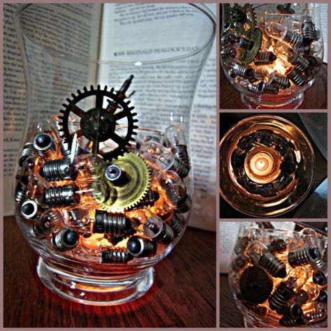 Make your Own Steampunk candle Steampunk Decor Diy, Steampunk Party Decorations, Steampunk Wedding Decorations, Steampunk Candle Holder, Diy Party Table Decorations, Steampunk Candle, Steampunk Home Decor, Steampunk Table, Punk Wedding