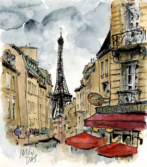 "Le Recrutement Café, Paris"    Watercolor Painting done by ~Floodfish~ (Jason Das) August 2010 The Eiffel Tower, Paris France, Eiffel Tower, Oil Painting, Tower, Paris, France