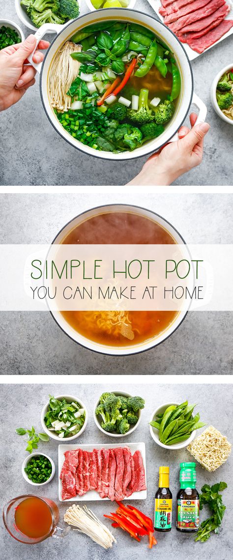 Hot Pot Vegetarian, Homemade Hot Pot Broth, Hot Pot For One, Easy Hot Pot Recipe, Hot Pot Noodles, Hot Pot Ideas, Hotpot Broth Recipes, At Home Hot Pot, Korean Hot Pot At Home