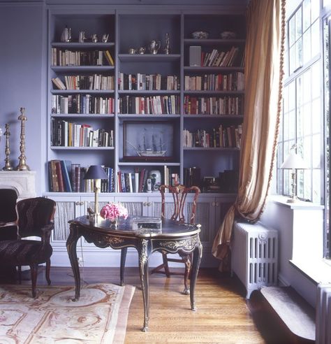 William Waldron Photography Purple Bookshelves, Crowded House, Painted Bookshelves, Built In Cupboards, Purple Rooms, Grey Decor, Home Libraries, Built In Bookcase, Home Library