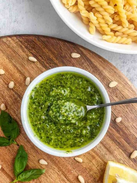 Just Your Basic Homemade Basil Pesto Recipe Freezing Pesto, Homemade Basil Pesto, Basil Pesto Recipe, Homemade Pesto Recipe, Basil Pesto Recipes, Lemon Basil, Homemade Pesto, Toasted Pine Nuts, Green Sauce