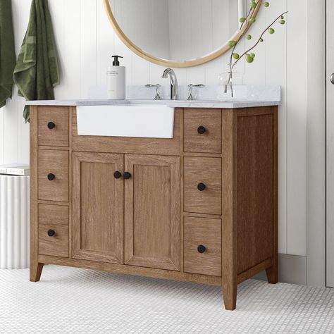 Sand & Stable Clarion 42" Single Bathroom Vanity Set & Reviews | Wayfair Bathroom Vanity Single Sink 42", Light Wood Bathroom Vanity Farmhouse, 42” Bathroom Vanity, White Apron Sink, Cottage Bathrooms, Bathroom Main, Bathroom Vanity With Marble Top, Coastal Farmhouse Design, Trailer House