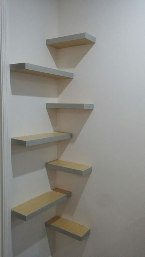 Corner Cat Shelves, Cat Stairs On Wall, Diy Cat Climbing Wall, Diy Cat Shelf, Cat Climbing Wall Shelves, Diy Cat Climbing, Diy Cat Wall Ideas, Wall Cat Shelves, Cat Wall Ideas