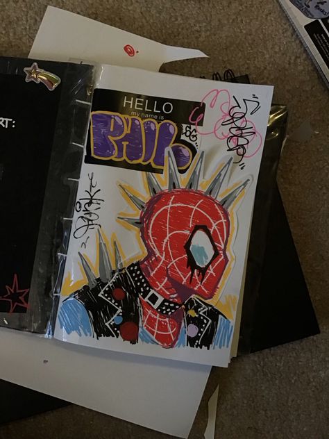 Things To Draw On The First Page Of A Sketchbook, First Page Of A Sketchbook Ideas, Sketchbook First Pages, Spider Man Sketchbook Page, Front Page Of Sketchbook Ideas, Spiderman Sketchbook Page, Spider Man Sketchbook, First Page Ideas Sketchbook, Character Page Sketchbook