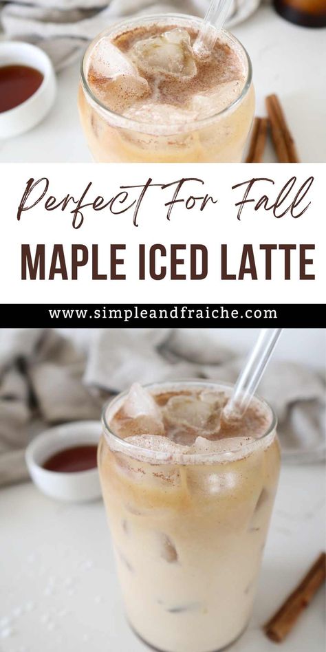 This Iced Maple Latte is a delicious beverage that combines the rich, bold flavors of coffee and creamy milk with naturally sweet maple syrup. It's slightly sweet and perfect for the fall season. This beverage comes together in only a couple of minutes, making it perfect for a busy morning or a mid-day pick-me-up. Maple Iced Coffee Recipe, Maple Syrup Drinks, Caffeine Free Fall Drinks, Maple Iced Coffee, Maple Syrup Iced Coffee, Coffee With Maple Syrup, How To Make Iced Pumpkin Spice Latte, Maple Latte Recipe, Almond Butter Banana Bread