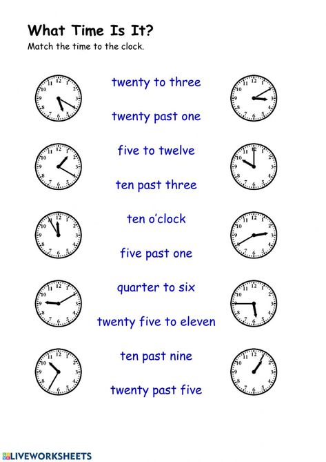 Ejercicio de What Time Is It? 1B Arrow What Is Language, What Time Is It, Time Worksheet For Class 4, What Time Is It Worksheet For Kids, Worksheet For Clock, Worksheet On Time For Grade 2, Time Worksheets Grade 2, Middle School Esl, O'clock And Half Past Worksheets