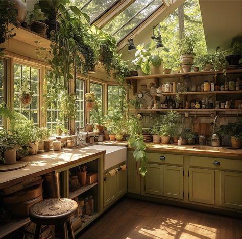 Aesthetic Kitchen With Plants, Nature House Aesthetic Interior, Big Cozy Kitchen Aesthetic, Cottage Core Kitchen Ideas, Plant Room Aesthetic Cottage Core, Fairy House Aesthetic Inside, Greenhouse Aesthetic Bohemian, House In The Forest Aesthetic Inside, Cottage Core Kitchen