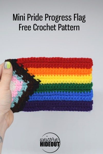 Mini Pride Progress Flag Free Crochet Pattern | Unicorn Hideout. Pattern uses tapestry crochet to create a mini version of the Pride Progress flag. Crochet Pride Flag Pattern, Trans Crochet, Queer Crochet, Gothic Crochet Patterns Free, Queer Crafts, Lgbtq Crochet, Pride Crafts, Yarn Business, Gothic Crochet