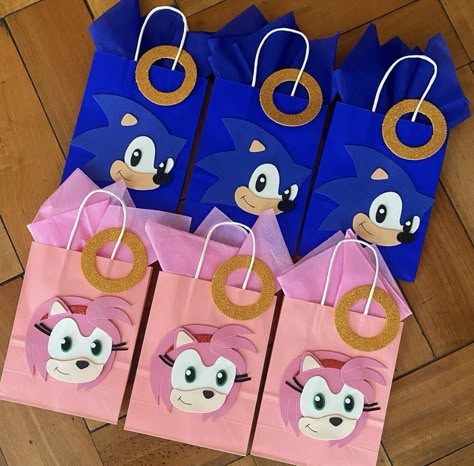 Pink Sonic Birthday Party, Sonic Gift Bags, Sonic Amy Birthday Party, Amy Rose Birthday Party, Sonic Goodie Bag Ideas, Sonic Party Bags, Sonic Theme Birthday Party, Sonic Birthday Party Ideas, Sonic Birthday Party