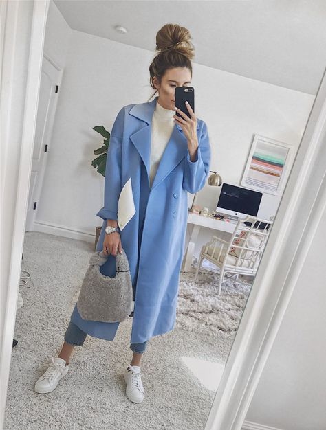 97d0145823aeb8ed80617be62e08bdccdesc47560574ri Light Blue Jacket Outfit, Blue Coat Outfit, Blue Blazer Outfit, Mantel Outfit, Christine Andrew, Elegant Outfit Classy, Classy Winter Outfits, Fall Attire, Sweater Cropped