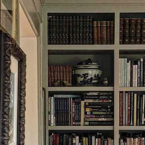 Olive Built Ins, Olive Green Home Library, Olive Green Built Ins Living Room, Library Green Walls, Olive Green Bookshelf, Home Library Decor, Country Living Decor, Spanish Olives, Wall Bookshelves