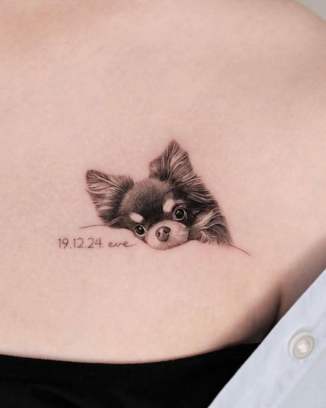 Cool Animal Tattoos For Women, Dog Tattoo On Back, Puppy Portrait Tattoo, Yorkie Tattoo Small Outline, Tat Too, Dog Tatoos Woman, Dog Tattoo Placement For Women, Pet Tattoo Placement, Puppy Tattoos