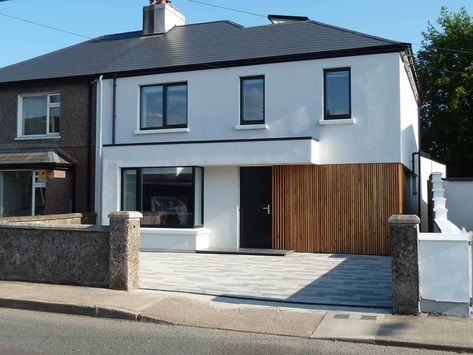 Architect Loic Dehaye - Cork retrofit blitzes new build NZEB standard - passivehouseplus.ie Off White Rendered House Exterior, Cladded Porch Entrance, Council House Extension, Render House Exterior, House Exterior Render, 1960s House Renovation Uk Interior, Ex Council House Renovation, Ex Council House Makeover Exterior, Ex Council House Makeover