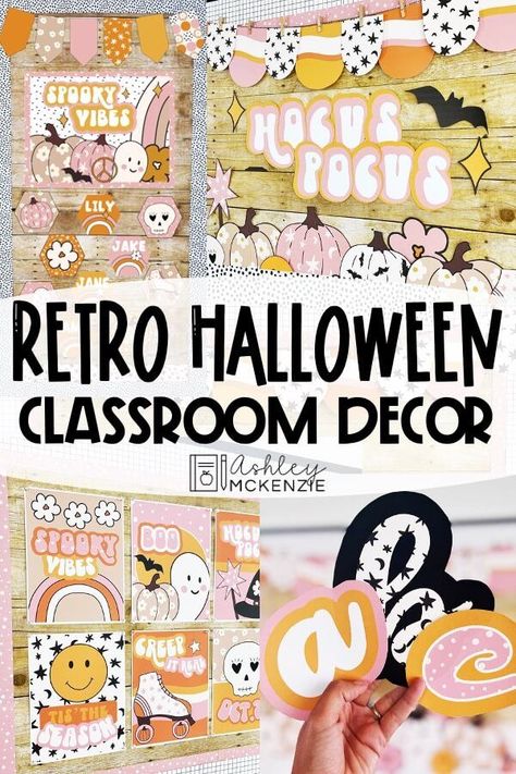 Groovy Retro Halloween Classroom Decor - Ashley McKenzie Groovy Halloween Bulletin Board, Groovy Classroom Doors, Retro Classroom Door, Halloween Classroom Decor, Hocus Pocus Magic, Halloween Language Arts, Ashley Mckenzie, Groovy Classroom, Halloween Classroom Door