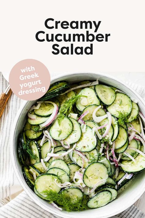 This creamy cucumber salad combines crisp cucumbers, red onion and fresh dill all tossed together in a simple Greek yogurt dressing. It's the perfect summer side dish for potlucks or BBQs. Cucumber Salads, Greek Yogurt Dressing, Vinegar Chicken, Potluck Side Dishes, Grilled Sweet Potatoes, Summer Side Dish, Creamy Cucumber Salad, Creamy Cucumbers, Yogurt Dressing