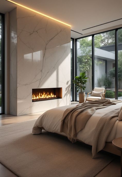 Tiny Apartment Bathroom Master Bed Fireplace, Linear Fireplace In Bedroom, Modern Bedroom With Fireplace, Fireplace In Master Bed, Modern Bedroom Fireplace, Bedroom Fireplace Wall, Bedroom With Fireplace Ideas, Bedroom Fireplace Ideas, Bedroom With Fireplace