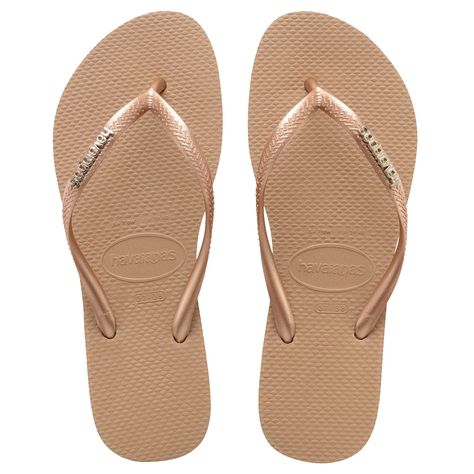 Havaianas Slim Logo Metallic Flip Flops - Rose Gold -UK 3/4 Slim Logo, Logo Flip Flops, Women's Flip Flops, Rubber Flip Flops, Square Logo, Havaianas Flip Flops, Disney Shop, Beach Flip Flops, Flip Flop Shoes