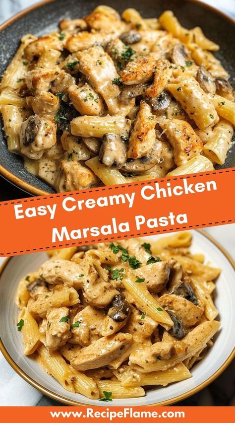 Love a rich and comforting meal? This Easy Creamy Chicken Marsala Pasta combines tender chicken, a savory Marsala sauce, and creamy pasta for an irresistible dinner! Marsala Pasta, Chicken Marsala Pasta, Creamy Chicken Marsala, Easy Creamy Chicken, Marsala Sauce, Fast Easy Dinner, Simple Dinner Ideas, Chicken Marsala, Simple Dinner