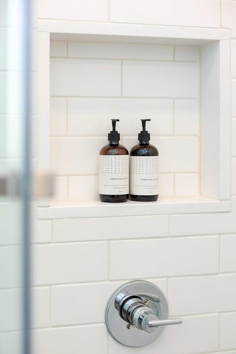 Subway Tile Shower Niche, Tiled Niche, Shower Bottles, White Subway Tile Shower, Tile Shower Niche, White Subway Tile Bathroom, Restroom Remodel, Glass Shower Wall, Bathroom Niche