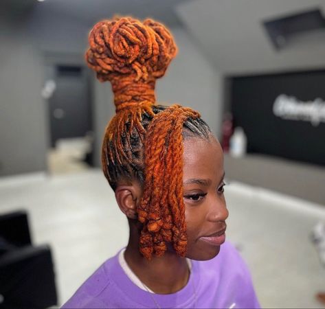 Updo Styles For Locs, Mohawk Loc Styles Black Women, Mohawk Loc Styles, Dreadlocks Mohawk, Loc Styles Black Women, Orange Dreadlocks, Braided Loc Updo, Styles For Locs, Color Locs