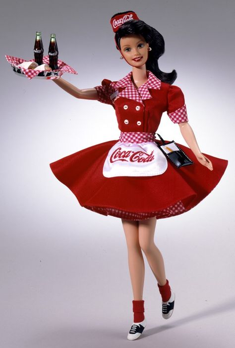 Coca-Cola® Barbie® Doll (Brunette Waitress)  Collector Edition  Release Date: 1/1/1999 -  I have this one also. Diner Waitress, Vintage Coke, Coke Cola, Im A Barbie Girl, Barbie Style, Pepsi Cola, Barbie Toys, Barbie Vintage, Beautiful Barbie Dolls