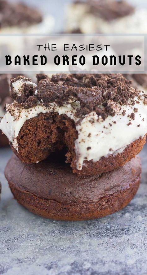 These Baked Oreo Donuts feature a rich, chocolate donut, studded with Oreo cookies and baked to perfection. Topped with a sweet cream cheese glaze and sprinkled with crumbled cookies, these donuts make the best breakfast or dessert! #donuts #bakeddonuts #donutrecipe #oreodonuts #cookiescreamdonuts #easydonuts #breakfast #dessert Oreo Donuts, Decadent Cheesecake, Recipe Cheesecake, Homemade Donuts Recipe, Easy Donuts, Baked Donut Recipes, Chocolate Donut, Heath Bars, Cheesecake Dessert