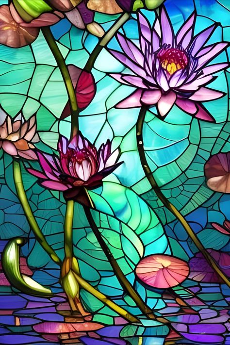 Beautiful colorful faux stained glass image of water lilies Stained Glass Water, Sea Glass Window Art, Diy Glass Bottle Crafts, Stained Glass Paint, Glass Window Art, Stained Glass Flowers, Art Stained, Glass Pictures, Faux Stained Glass