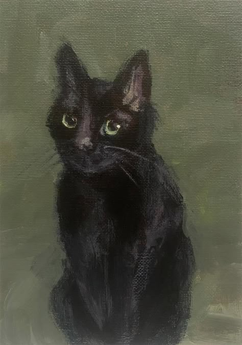 Black Cat Ink Drawing, Shostakovich Aesthetic, Black Cat Acrylic Painting, Acrylic Painting Cat, Black Cat Familiar, Cat Familiar, Black Cat Drawing, Cat Oil Painting, Black Cat Painting