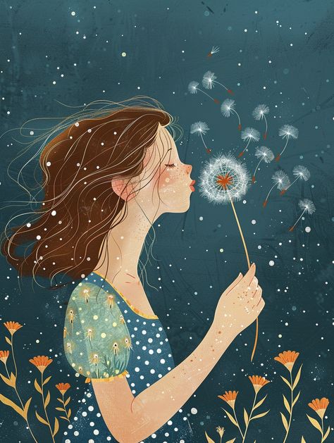 #Girl #DandelionFlower #BlueDress #WhiteDots #YellowFlowers #BlowingPetals #Sky-blue #Aquamarine #ChildrensBookIllustration #3:4AspectRatio #TheCandie Blowing Dandelion Illustration, Holding Dandelion, Dandelion Illustration, Dandelion Drawing, Blowing Dandelion, Inspirational Digital Art, Whimsical Art Paintings, Dandelion Wishes, Dandelion Yellow