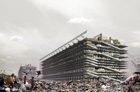 'let's talk about garbage' by UGO architecture and design is focused around the biggest slum in asia dharavi, home to over 1 million inhabitants. Recycling Plant, Hunter Douglas, Public Building, Parking Design, Smart City, Urban Spaces, Architecture And Design, Leaf Wallpaper, Let's Talk About