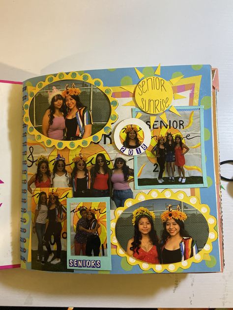 Picture Book Ideas Diy, Senior Sunrise Scrapbook, Senior Sunrise Scrapbook Page, Orange Scrapbook Ideas, Senior Scrapbook Page Ideas, Senior Sunrise Pictures, Scrapbook Spread Ideas, Senior Scrapbook Ideas Layout, Yellow Scrapbook Ideas