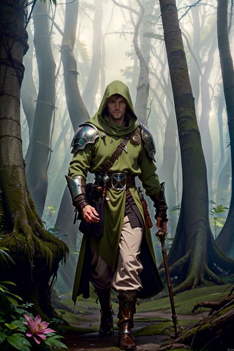 Forest Protector Fantasy Art, Forest Prince Outfit, Forest Knight Fantasy Art, Fantasy Woodsman, Palidans Dnd, Fantasy Ranger Art, Cloak Fantasy Art, Dnd Ranger Outfit, Ranger Dnd Male