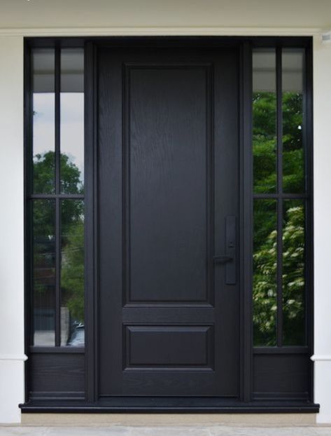 Solid Front Door With Sidelights, Black Front Door With Sidelights, Solid Front Door, Colonial Front Door, Front Door With Sidelights, Door With Sidelights, Black Front Door, House Renos, Black Front Doors