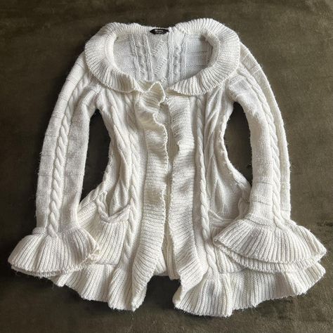 Coquette white ruffle cardigan. Mori kei fairy knit... - Depop Abbey Core, Thrift Outfits Ideas, Thrift Outfits, Fairy Vibe, Coquette White, Digital Wardrobe, Y2k Cardigan, Ruffle Cardigan, Grunge 2000s