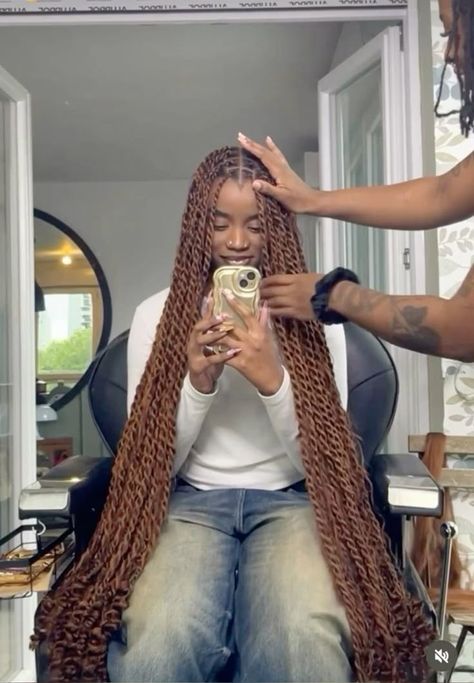 Brown Twist Braids Hairstyles, Dark Skin Brown Braids, Honey Blonde Senegalese Twist, Braids Brown And Black, Brown Island Twist, Brown Twist Braids, Brown Passion Twists, Brown Braids For Black Women, Island Twist Braids