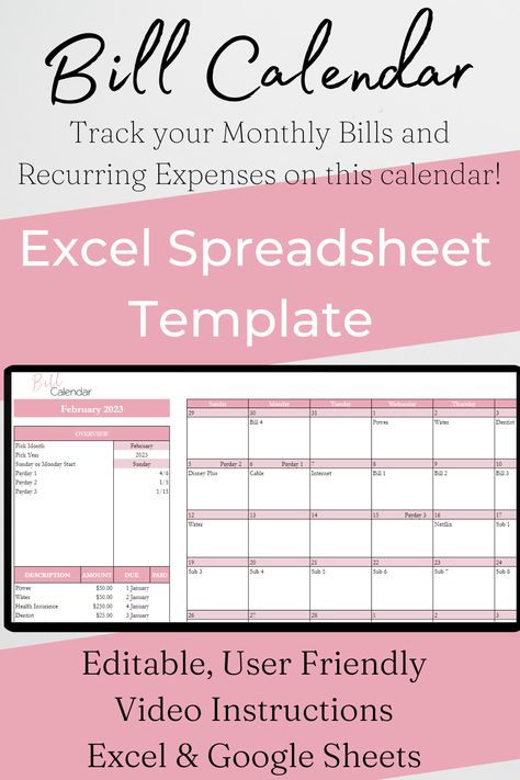 monthly budget spreadsheet aesthetic Bill Tracker Excel Template, Bills Organization Ideas, Monthly Bill Calendar, Vacation Budget Template, Bills Organization, Personal Budget Template, Bill Calendar, Excel Budget Spreadsheet, Pay Check