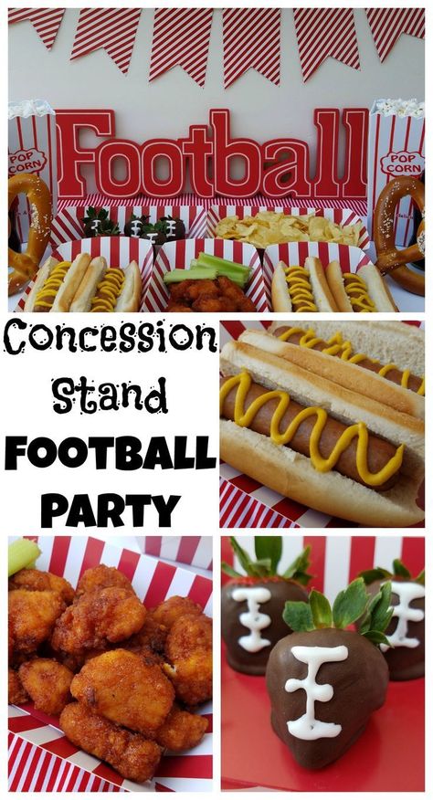 Concession Stand Themed Football Party - food and decor ideas Football Concession Stand, Concession Stand Food, Kids Sports Party, Babysitting Ideas, Football Party Foods, Concession Stands, Tyson Foods, Sports Party Decorations, Birthday Party Snacks