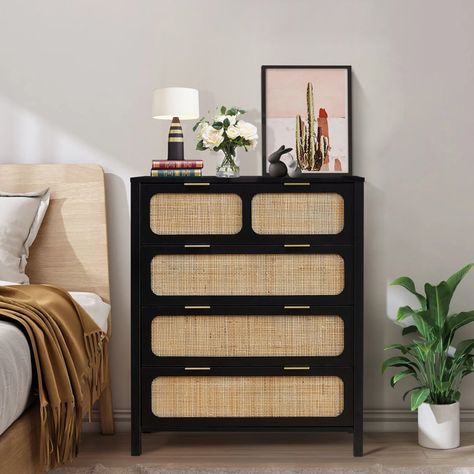 Adonay 4 - Drawer Dresser Wood Cabinet Top, Restoration Furniture, Rattan Dresser, Dresser Black, Dresser Brown, Cabinet Top, Rattan Design, 4 Drawer Dresser, Sanctuary Bedroom