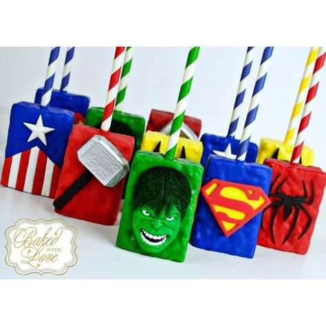 "With great power, comes great responsibility!" -Spider-Man ❤️Superhero inspired Rice Krispies Treats for an Avengers themed birthday… Superhero Treats, Avengers Cookies, Rice Krispies Pops, Great Power Comes Great Responsibility, Marvel Birthday Party, Marvel Party, Hulk Birthday, Baked With Love, Avenger Birthday Party