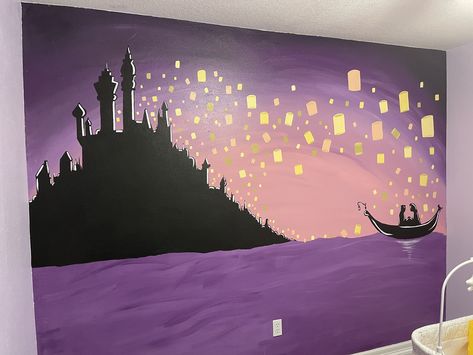 Rapunzel Wall Mural, Tangled Nursery Theme Rapunzel, Tangled Rapunzel Room Decor, Tangled Themed Nursery, Rapunzel Themed Room, Tangled Bedroom Ideas, Tangled Themed Room, Disney Theme Bedroom, Rapunzel Wall Painting