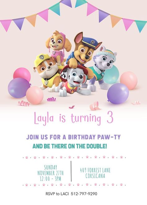 Paw Patrol 3rd Birthday Invitations, Skye Invitations Paw Patrol, Paw Patrol Party Invitations Free, Paw Patrol Invite, Paw Patrol 2nd Birthday Girl, Skye Birthday Party Ideas, Paw Patrol 3rd Birthday Party Girl, Paw Patrol Invitations Free Template, Paw Patrol Skye Party Ideas