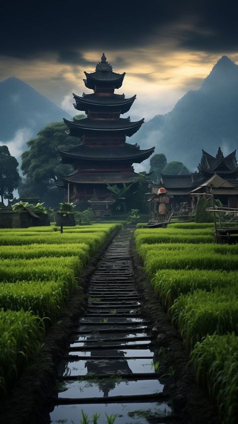 Medieval-inspired landscape showcases a vibrant rice field, leading the eye to a magnificent temple with mountainous backdrops. The image, captured with Provia, reflects the intricate details and grandeur of Tang Dynasty architecture and ambiance. American Style Kitchen, Lights And Shadows, Asian Landscape, Rice Field, East Of Eden, Asian Architecture, Rice Fields, Relaxing Places, Tang Dynasty