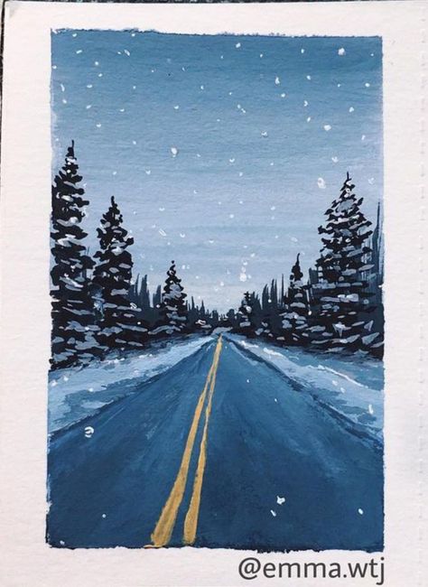 Winter Background Painting, Easy Snow Painting, Winter Art Drawing, Simple Winter Painting Ideas, Winter Scenes Paintings, Winter Drawings Aesthetic, Canvas Painting Ideas Winter, Painting Ideas On Canvas Winter, Simple Winter Painting