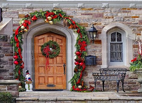 Christmas Front Door Photography Backdrop Brick House Red | Etsy Christmas Garland Doorway, Entry Christmas Decor, Garland Doorway, White Pine Garland, Pine Garland Christmas, Pine Garland, Candle Wall Decor, Christmas Front Doors, Hanging Garland