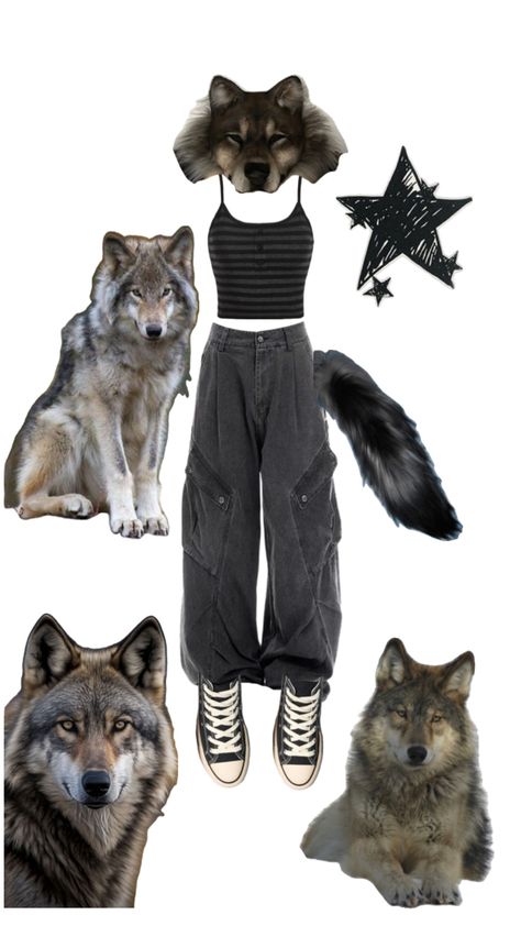 <3 Wolf Aesthetic Outfit, Wolf Therian Outfit, Werewolf Aesthetic Outfit, Wolf Inspired Outfits, Therian Clothes, Therian Outfits, Scene Fits, Therian Wolf, Fox Therian