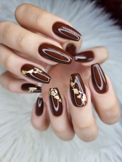 Foil Nail Designs, Orange Acrylic Nails, Brown Nail Art, Gold Acrylic Nails, Brown Nails Design, Foil Nail Art, Simple Fall Nails, Plaid Nails, Glitter Gel Nails